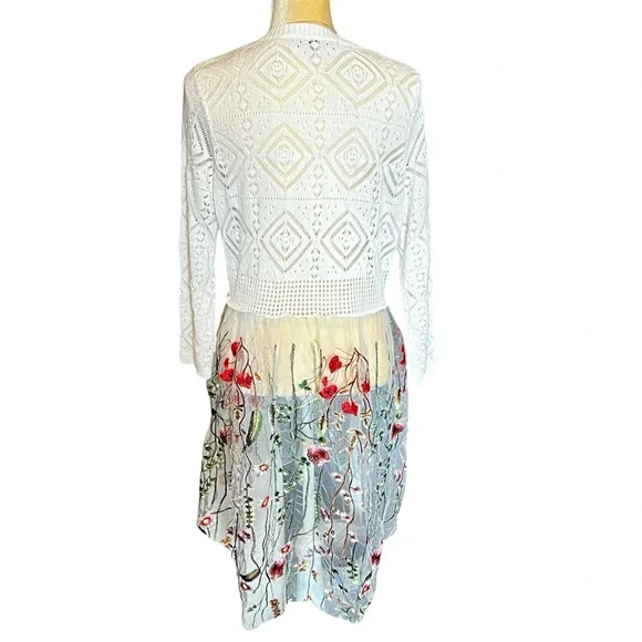 Absolutely Famous Open Knit Cardigan Duster Sz XL White Lower Embroidered Mesh - Picture 3 of 11
